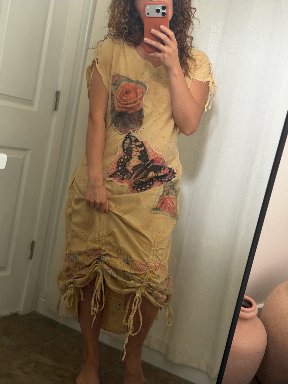 Yellow Floral & Butterfly Midi Dress with Ruched Hem